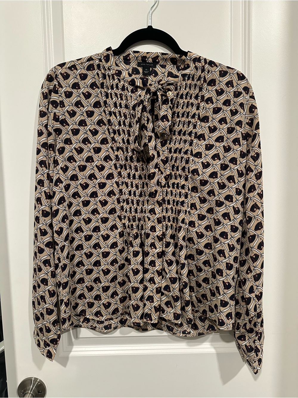 Ann Taylor Beige and Black Geometric Tie-Neck Blouse